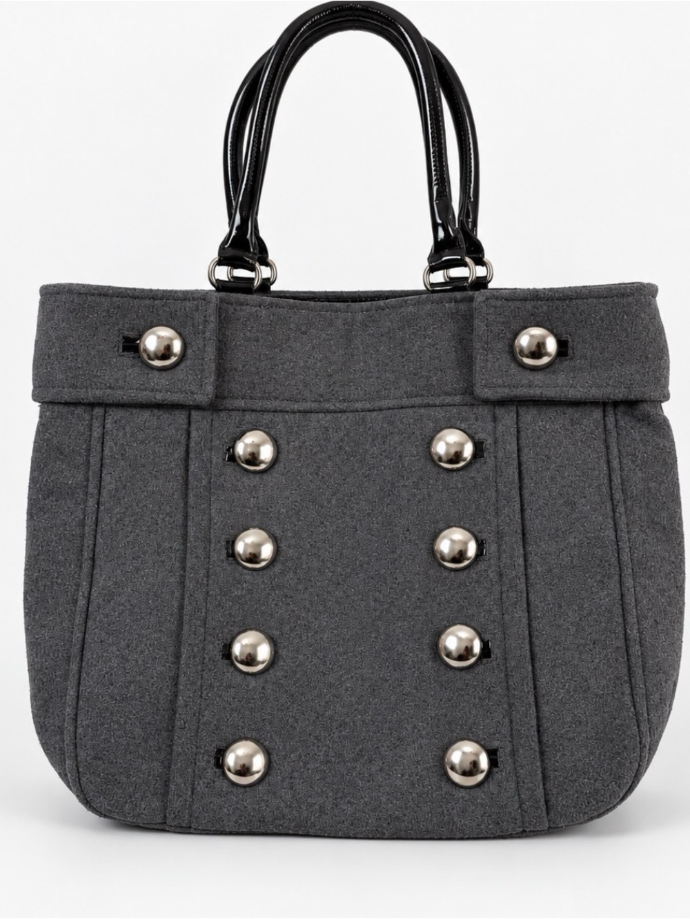 Braciano Charcoal Grey Felt Button Front Tote Handbag Black Patent Trim